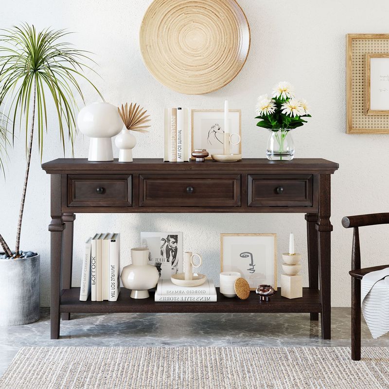 Classic Retro Style Console Table With Three Top Drawers And Open Style Bottom Shelf,Easy Assembly_voghion.com