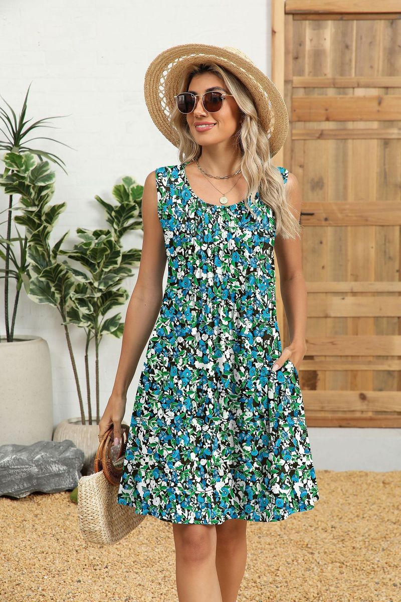 Mini abito midi a righe con stampa floreale, senza maniche, estivo, con bottoni alti, cerniera, tinta unita, antipiega, sinonimi_voghion.com