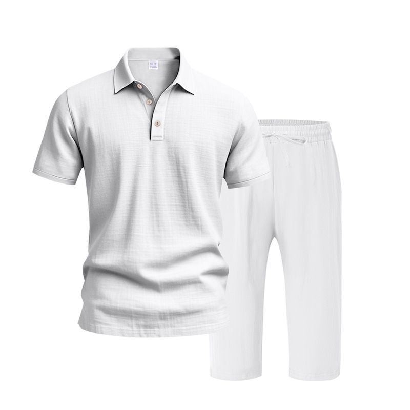 Polo da uomo estivo, casual, ampio, traspirante, in lino, con maniche corte e pantaloni a sette quarti_voghion.com