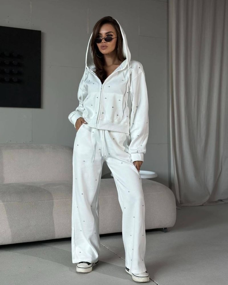 Women's Clothing Hooded Zipper Long Sleeves Full Body Hot Diamond Top Drawstring Trousers Sweater Suit Two Piece Suit Fashionable Sports Style Outfit_voghion.com