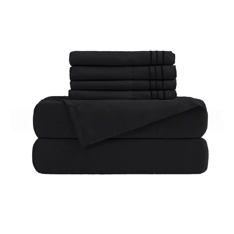 Set di biancheria da letto in tinta unita da 6 pezzi - federe ricamate e lenzuolo con angoli con triplo dettaglio_voghion.com