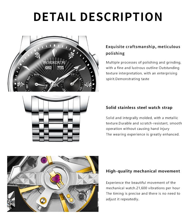 ROERDUM Apocalypse Knights Series – Dual-Color Luminous Hands, Silver-Black Dial, Stylish Men's Mechanical Wristwatch_voghion.com