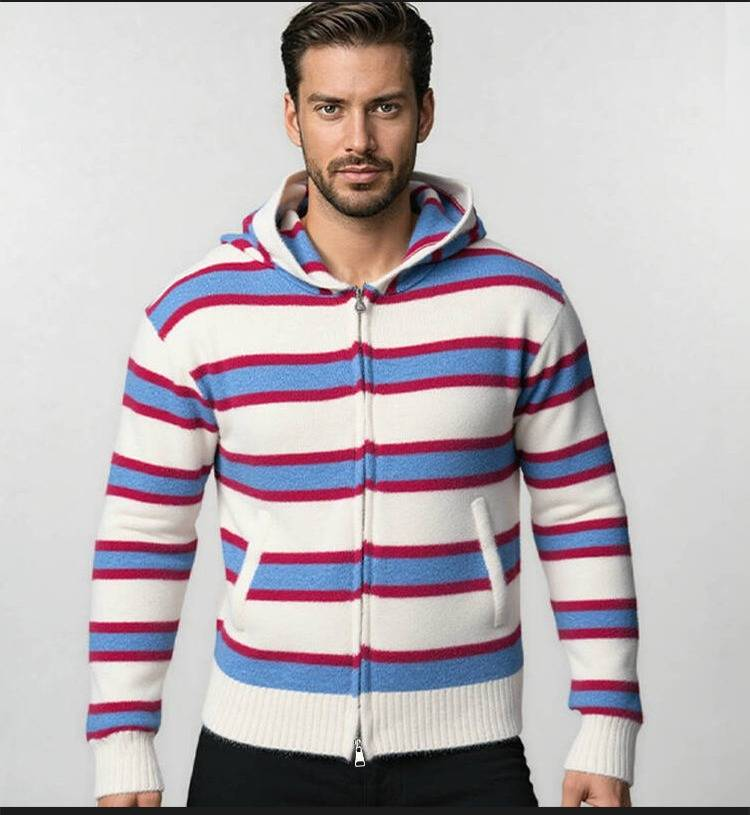 Men's Striped Hooded Sweater – Oversized Knit Pullover (Thickened Fleece Lining, Drop Shoulder, Ribbed Hem, Machine Washable, Streetwear Essential)_voghion.com