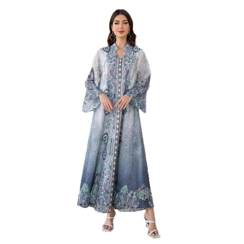 Elegantes besticktes Abaya-Kleid mit Blumendruck und Kristallverzierungen – schlichtes muslimisches Maxikleid mit langen Ärmeln für Damen (Blau, S-XXL)_voghion.com