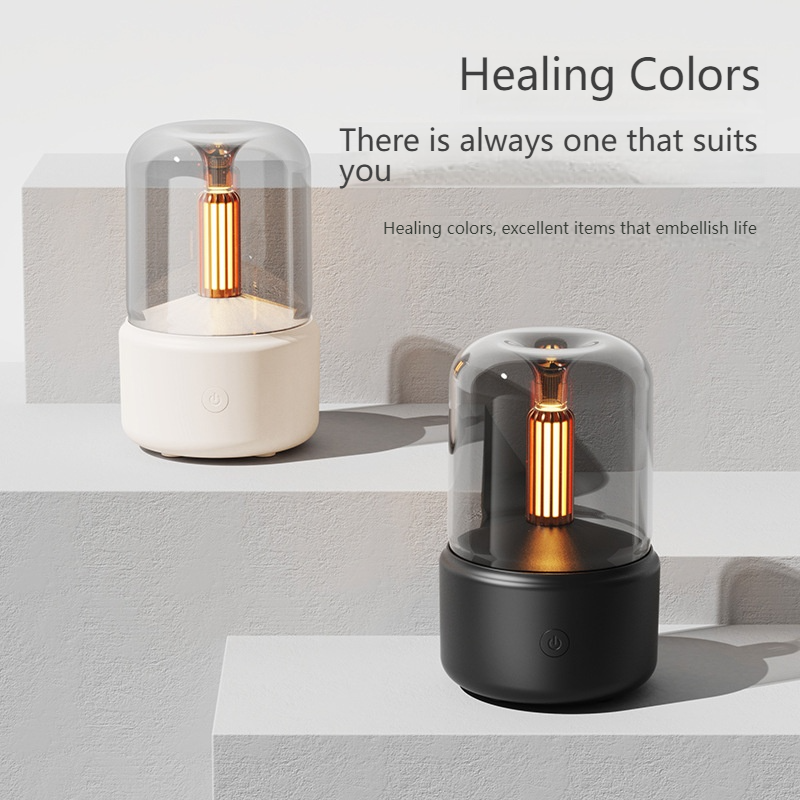 Umidificatore a candela LED senza fiamma con diffusore di aromaterapia - Luce notturna d'atmosfera alimentata tramite USB per la casa e regali (bianco/nero)_voghion.com