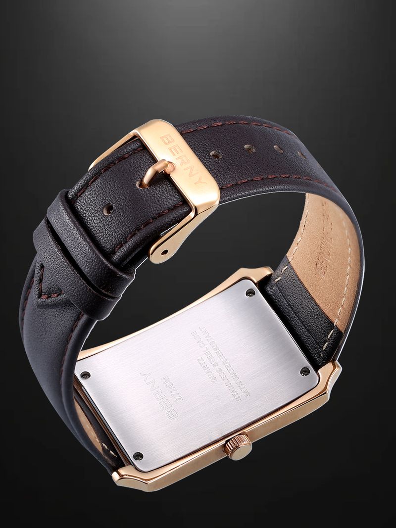 BERNY Men's Leather Watch Vintage Stainless Steel Rectangular Case Roman Dial Dress Analog Watch With Date Waterproof Classic Quartz Wrist Watches_voghion.com