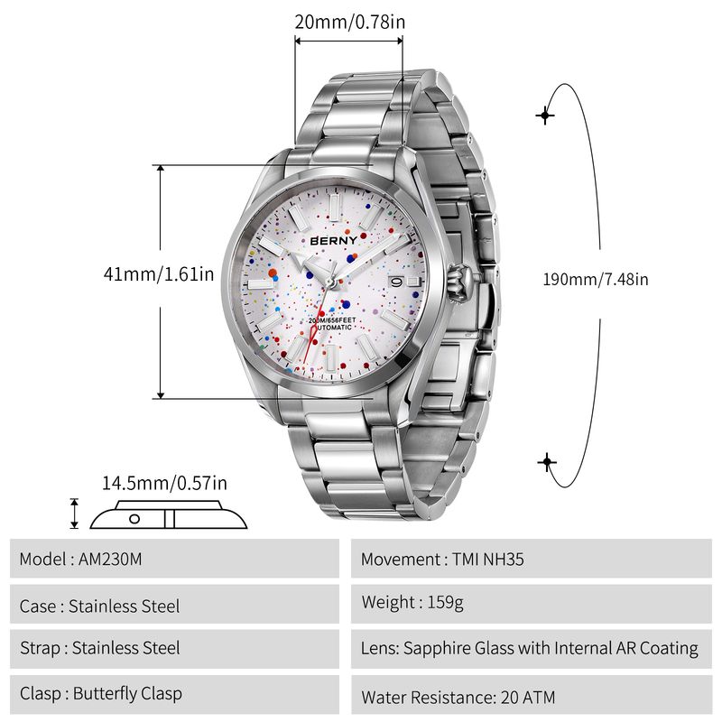 BERNY Automatic Watches For Men Fashion 20ATM Waterproof Super Luminous Mechanical Silver Watch With Date Stainless Steel Sapphire Analog Wrist Watch_voghion.com