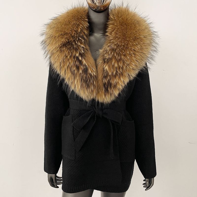 Übergroßer Strickcardigan mit luxuriösem Fuchspelzkragen – mittellanger Fall für müheloses Schichten (Einheitsgröße, Taillengürtel)_voghion.com