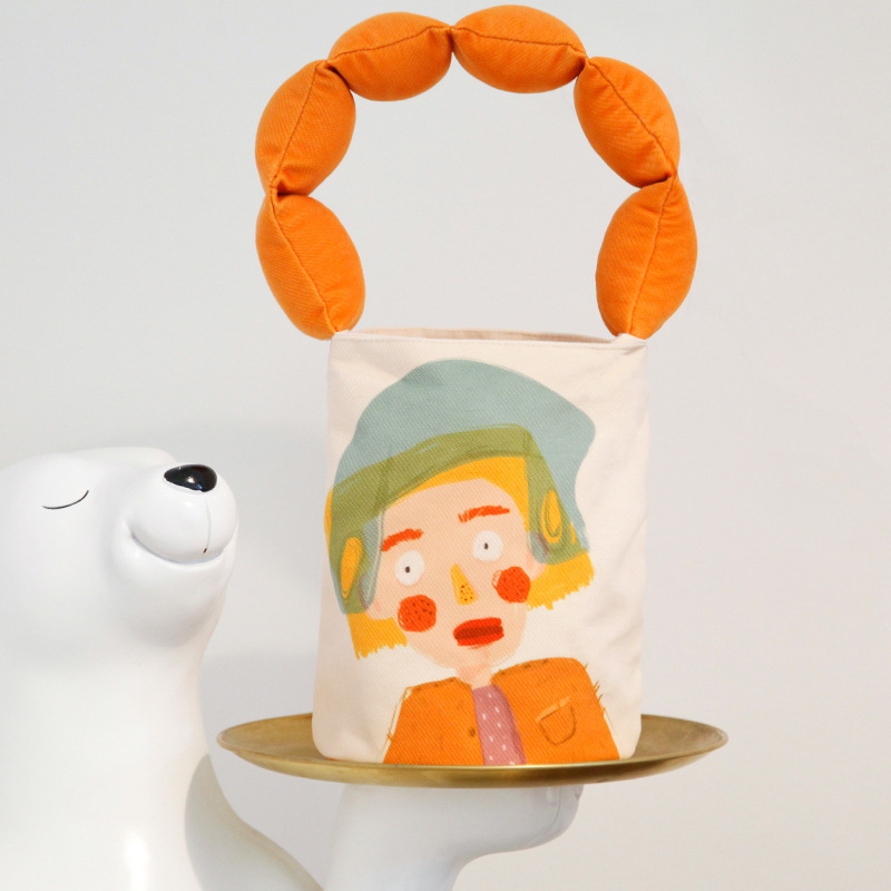 Women's Small Canvas Bucket With Print, Handbag For Cosmetics And Phone Storage, Creative Cloth Bag_voghion.com