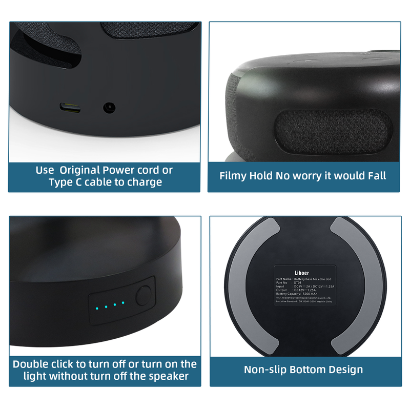 Bärbart uppladdningsbart Alexa Smart Speaker Stand för Echo Dot 3rd 5200mAh/10400mAh batteribas_voghion.com