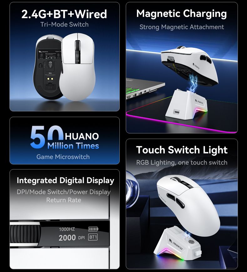 Mouse sem fio Bluetooth para jogos Smailwolf M6 com sensor PAW3311, comutação de três modos, magnético_voghion.com