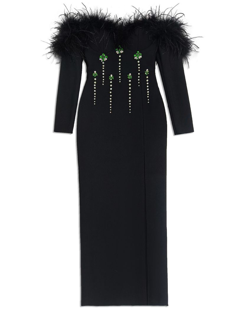 Elegant Off-Shoulder Bandage Dress With Ostrich Feathers & Rhinestones – Luxury Evening Gown For Parties & Special Occasions_voghion.com