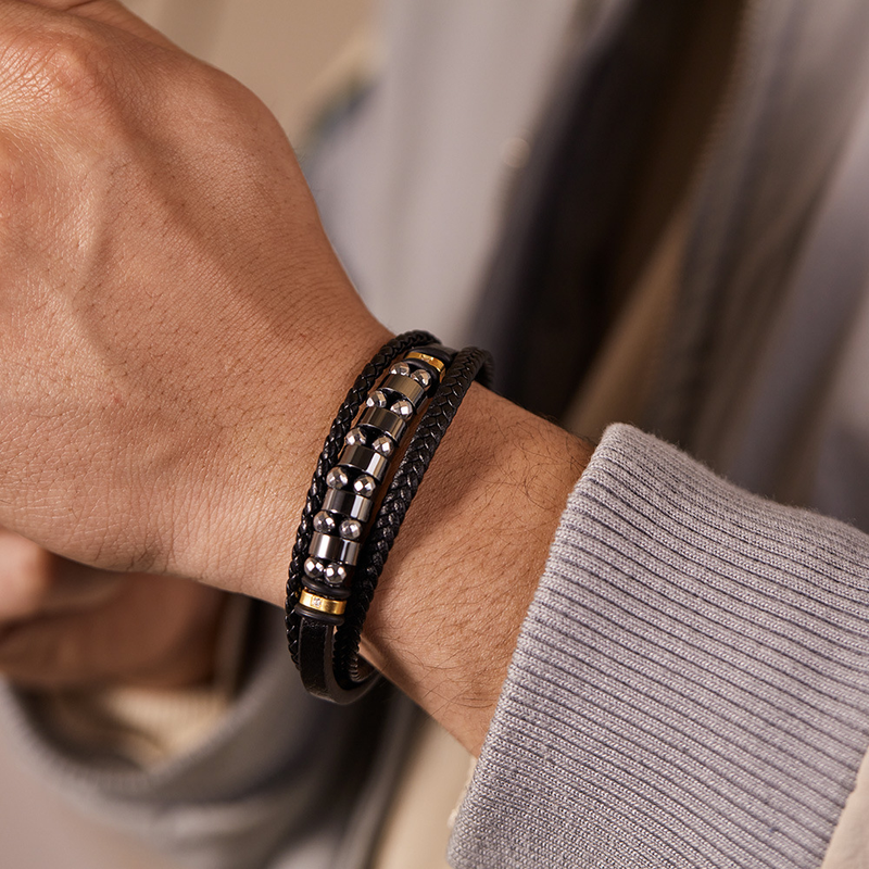 Mehrlagiges gewebtes Lederarmband mit Hämatit-Lederarmband für Herren_voghion.com