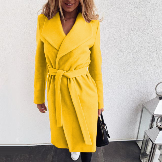 Modischer Damenmantel aus massiver Wolle mit Revers und Schnürung_voghion.com