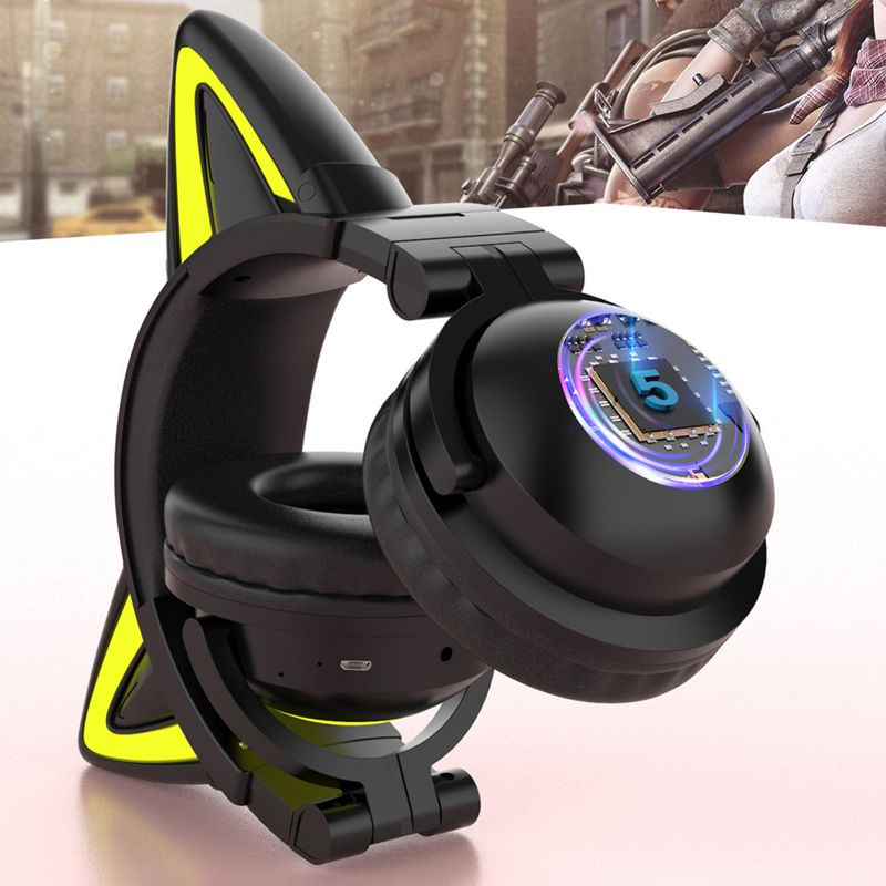 Bluetooth-kompatibel Kopfhörer Bunte Leucht Katze Ohr Form Stereo Musik Wireless Gaming Headset für Handy_voghion.com