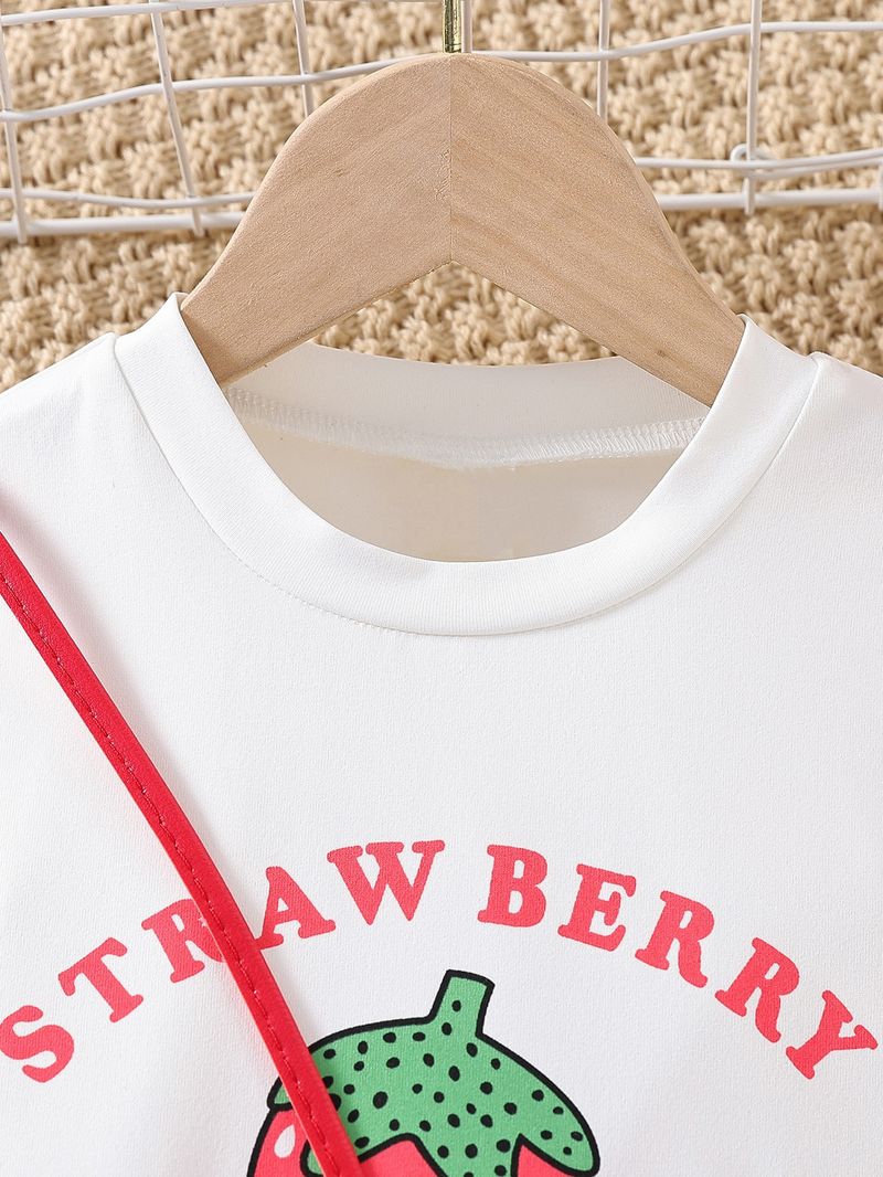 Completo da bambina con pantaloncini in denim stampati a fragole per mamma e bambini, 3 pezzi: maglietta con stampa a fragole e pantaloncini in denim con borsa coordinata (2-7 anni)_voghion.com