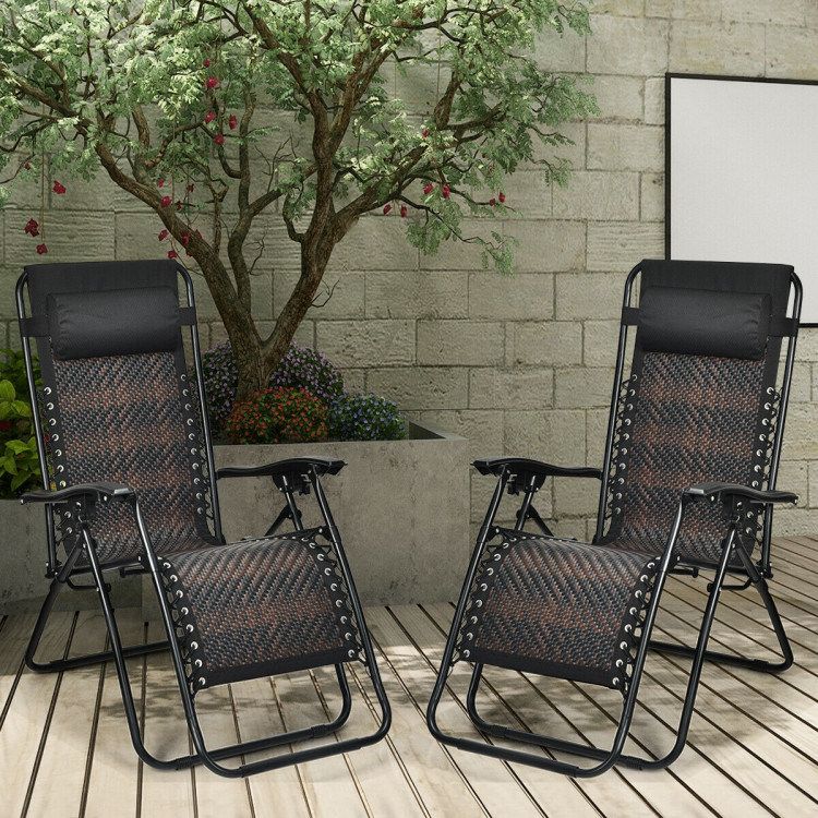 2 Pieces Folding Patio Rattan Zero Gravity Lounge Chair_voghion.com