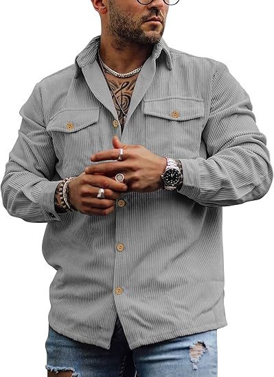 Men's Corduroy Button Jacket Long Sleeve Striped Casual Retro Double Pocket Work Tops Shirt_voghion.com