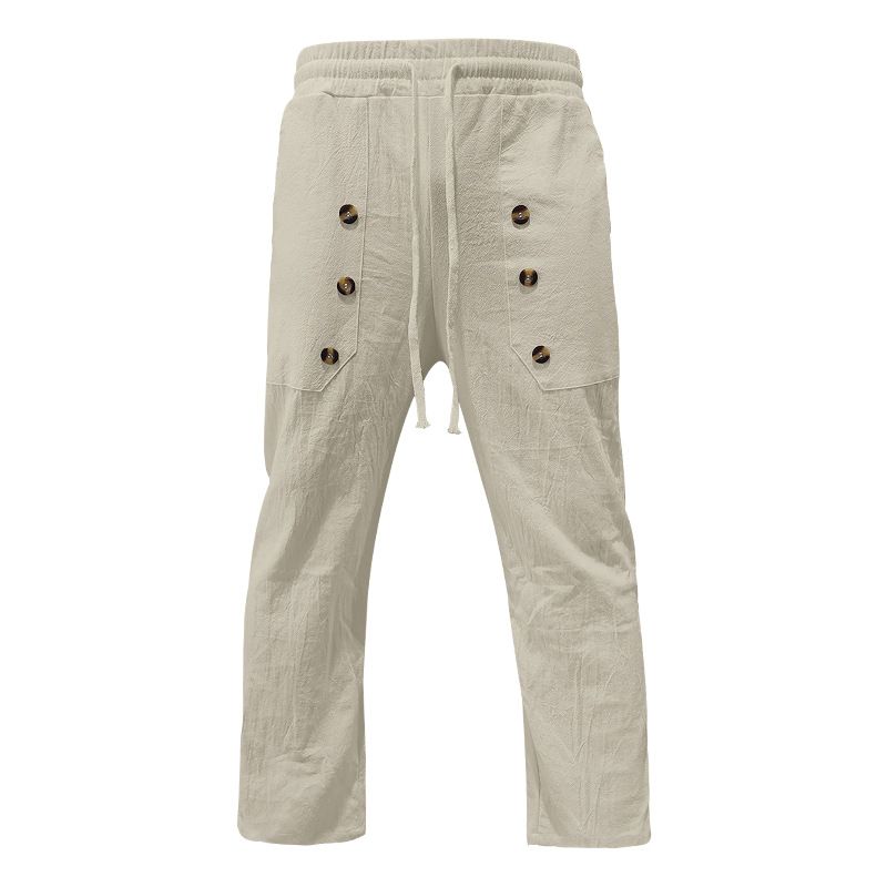 Abbigliamento Uomo Casual Spiaggia Pantaloni Casual Uomo Multi Bottone Cotone e Lino Larghi_voghion.com