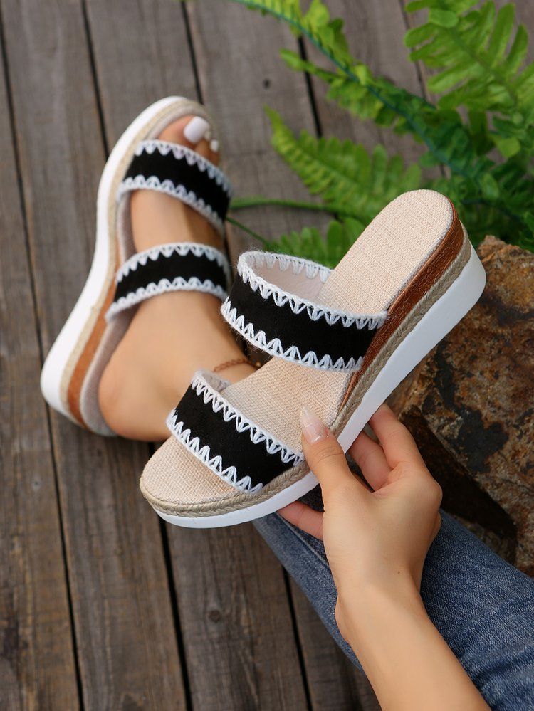 Women’s Shoes New Rope Woven Edge Wedge Slippers For Women Thick Bottom One Word Strap_voghion.com