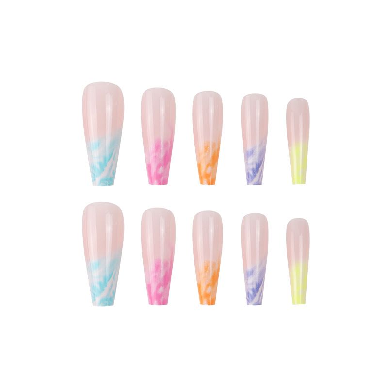 Leuchtende Regenbogen-Ombre-Press-On-Nägel, lange Sargform, künstliche Nägel mit Kleber und Gel-Tabs für einfaches Auftragen – 18 Stück/Set_voghion.com