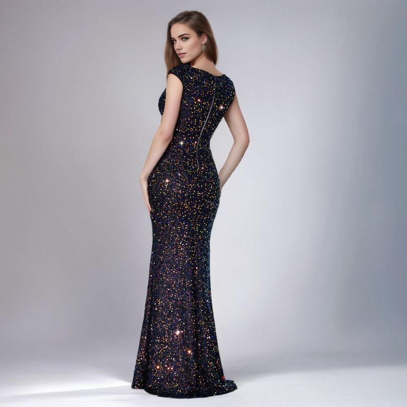 Comércio exterior oriental transfronteiriço INS cor sólida decote em V lantejoulas suspensório cintura alta vestido de noite saia rabo de peixe vestido de saia longa_voghion.com