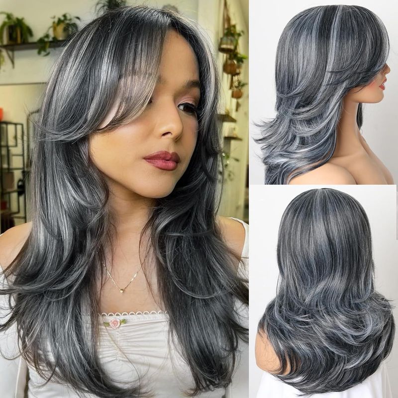 Kairuisi Grey Middle Part Long Wavy Synthetic Wig For Women – Natural Looking, Voluminous Heat Resistant Fiber, Fashionable & Comfortable Wig_voghion.com
