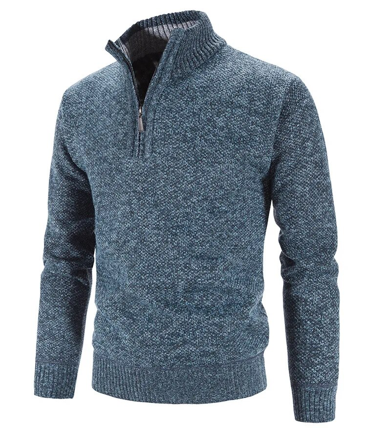 Autumn Winter Thick Knitted Solid Color Zipper Mock Neck Slim Fit Knit Sweater Men Casual Pullover Man_voghion.com