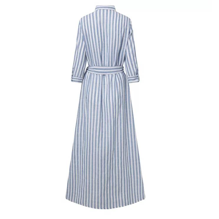 Women Striped Sundress Summer Elegant Long Shirt Dress Casual Lapel Neck Long Sleeve Work Vestidos Oversize Party Robe_voghion.com