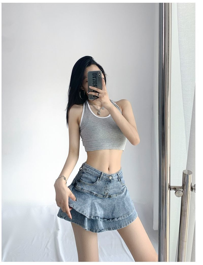 Damenbekleidung Jeansrock Weibliches Futterdesign Hohe Taille Schlanker A-Linien-Rüschen-Hüftrock Sommer_voghion.com