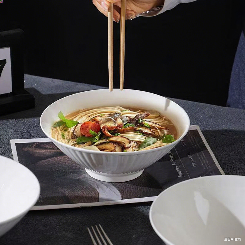 2025 New Pure White 8inch Ceramic Bowls & Plates Of Japanese - Style Large Conical Noodle Bowls, Ideal For Ramen Or Instant Noodles_voghion.com