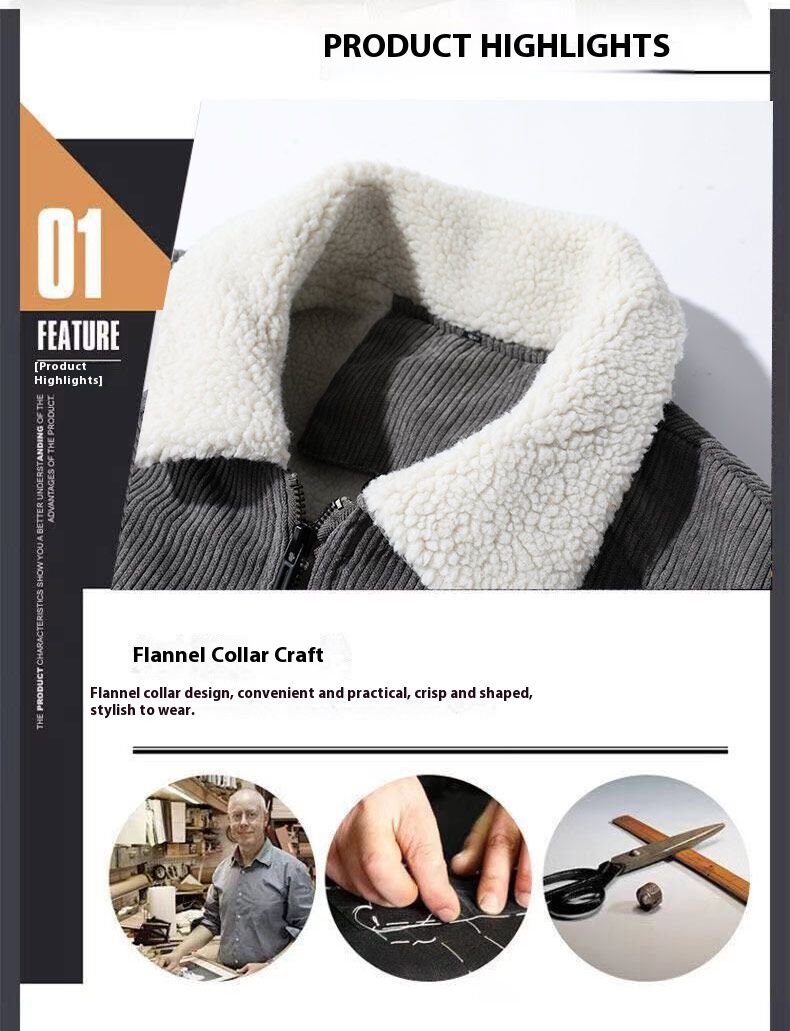 Giacca da uomo in velluto a coste con fodera in pile e collo in sherpa, caldo cappotto invernale con cerniera per outfit casual (grigio, cachi, nero, verde)_voghion.com