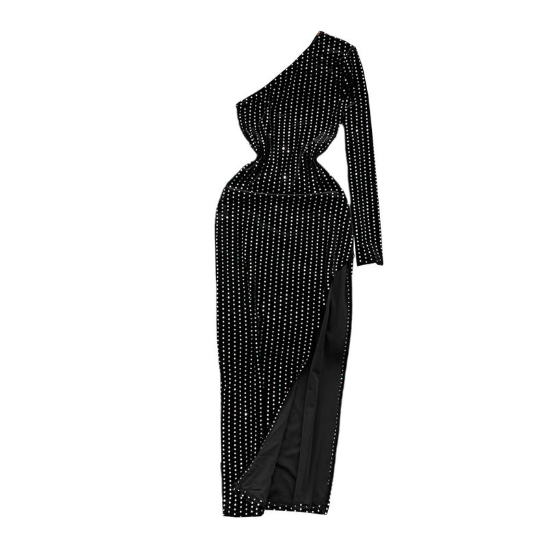 Abito invernale glamour in velluto con spacchi da donna, abito midi aderente a maniche lunghe con spalle scoperte e dettagli in strass, abito da festa sexy a vita alta_voghion.com