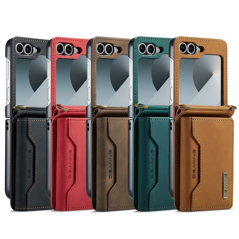 Custodia pieghevole M2 per Samsung Z Flip6 Custodia per telefono con portafoglio per carte Custodia protettiva in pelle con tracolla Z Flip6_voghion.com