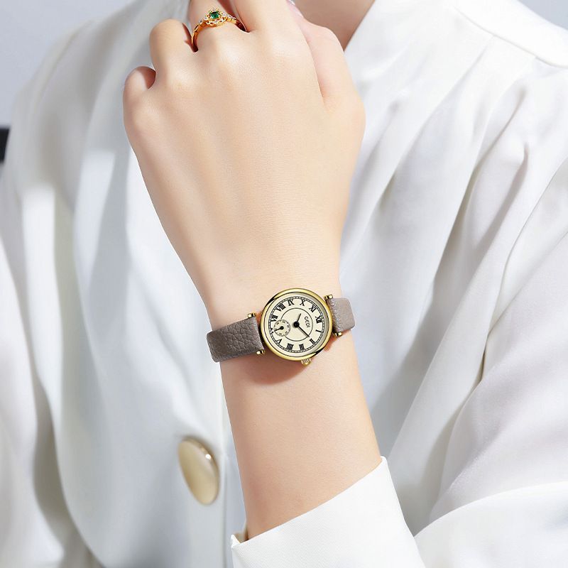 Goldie Simple Student High-End Kleine Sekunde Quarz für Frauen Nischenuhr mit Litschi-Narbenlederarmband_voghion.com