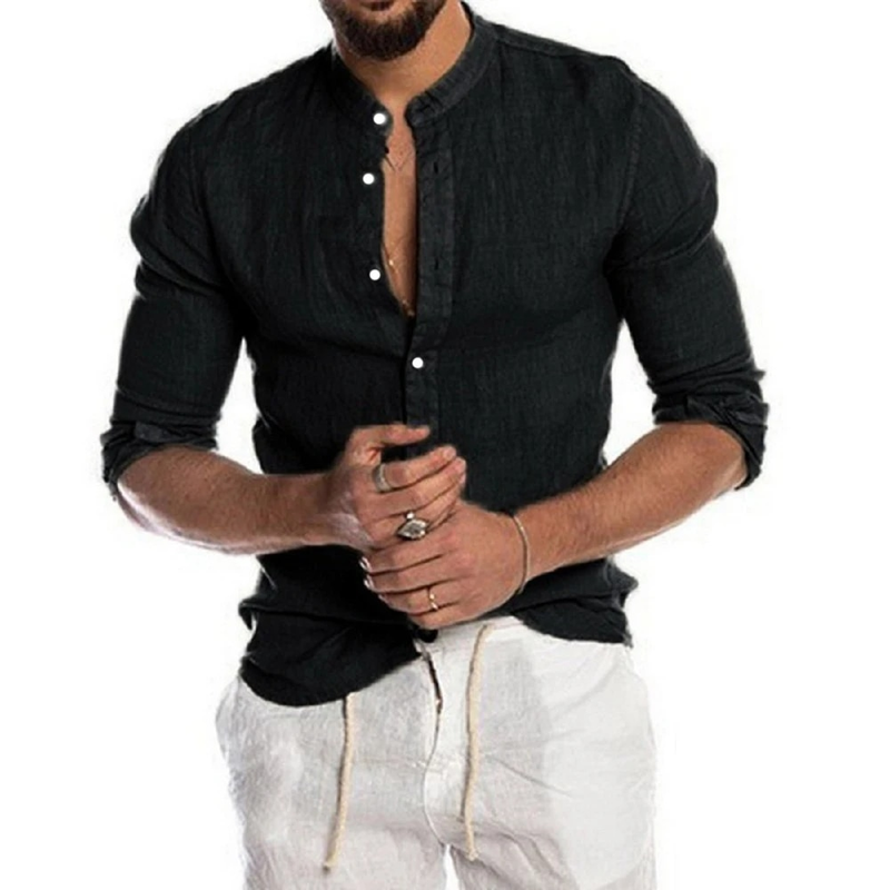 Cotton Linen Hot Sale Men's Long-Sleeved Shirts Summer Solid Color Stand-Up Collar Casual Beach Style Plus Size_voghion.com