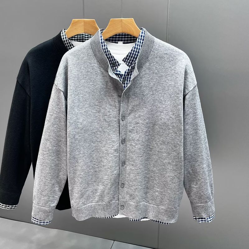 Herren-Strickjacke mit kariertem Patchwork-Muster – lässiger, locker sitzender Pullover mit offener Vorderseite für Herbst und Winter_voghion.com