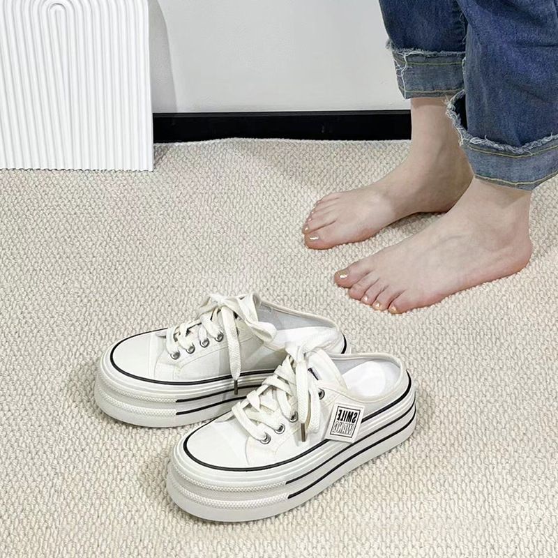 2025 Summer New Thick Soled Tall Slippers For Lazy Women, Trendy Half Dragged Fashion Casual Canvas Shoes_voghion.com