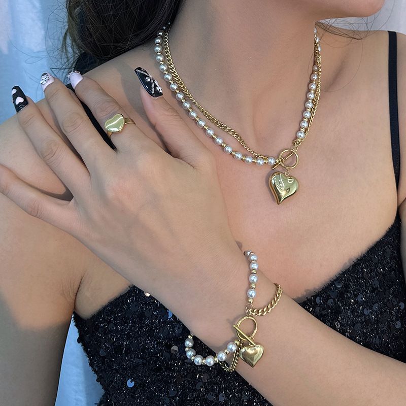 Gute New Trend Cuban Pearl Double Layer Necklace Bracelet Heart Ring Earrings Titanium Steel Non-Fading Set_voghion.com
