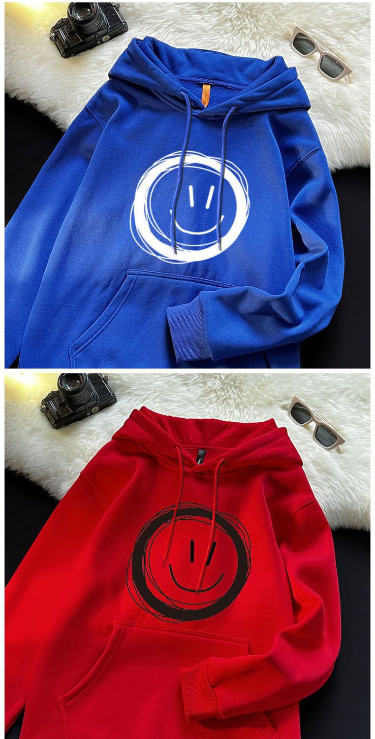 Trendy smiling sweatshirt for men in autumn, long sleeved, loose versatile, cool and fluffy hooded jacket, size 12_voghion.com