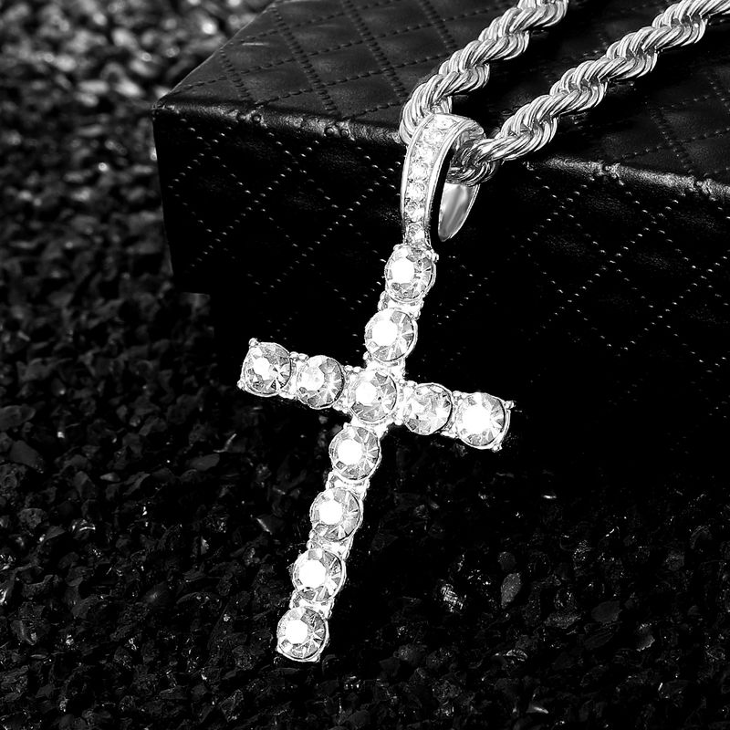 Conjunto de relógio + pulseira + colar com caixa de presente, pingente de cruz e corrente cubana, estilo hip hop, em promoção_voghion.com