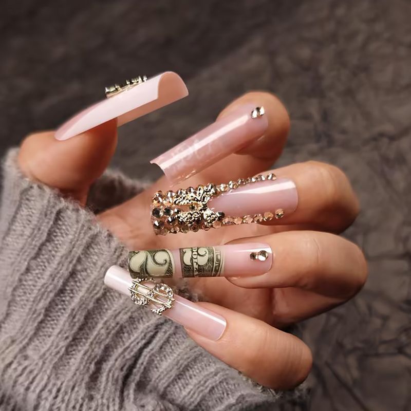 Unghie finte extra lunghe con strass - Unghie finte glamour per donne, unghie finte riutilizzabili, unghie acriliche quadrate in stile Ins_voghion.com