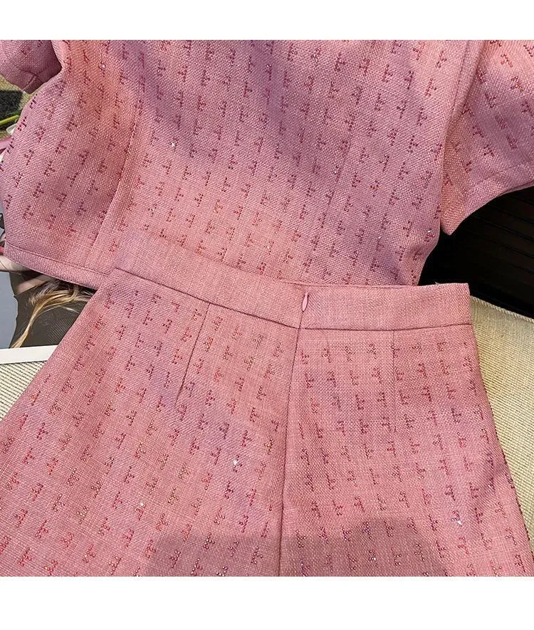 Women's Two Piece Pants BAFU Summer Pink Tweed 2 Set Women Short Sleeve Jacket Wide Legs Shorts Suit Runway Celebrity_voghion.com