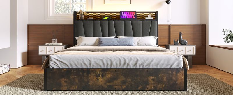 Cadre de lit en métal Polsterbett avec contrôle par application LED, chargement USB, éclairage de la tête de lit, lit double 180 x 200 cm (sans matelas)_voghion.com