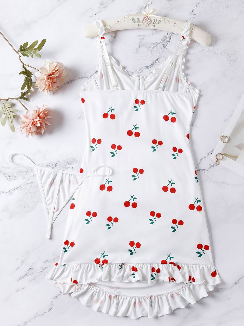 Ensemble sexy et séduisant, robe imprimée cerise en soie de lait, chemise de nuit à vendre_voghion.com