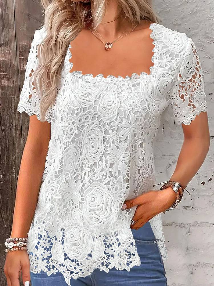 Γυναικείο Καλοκαιρινό νέο Hot Sale Holiday Elegant Lace T-shirt Top_voghion.com