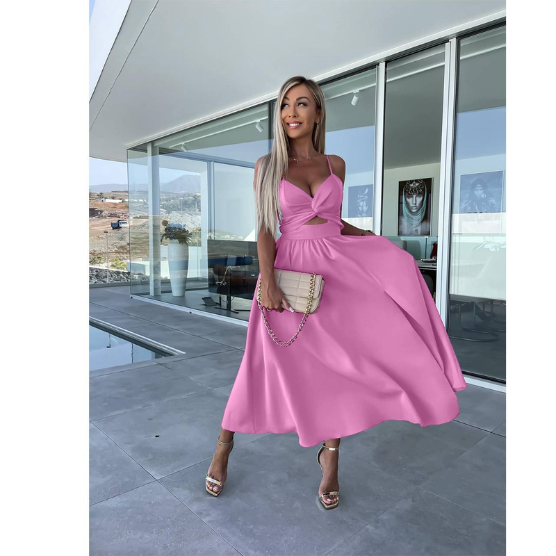 Women's Clothing fashion solid color deep v hollow big swing skirt slit suspenders sexy high waist dress_voghion.com