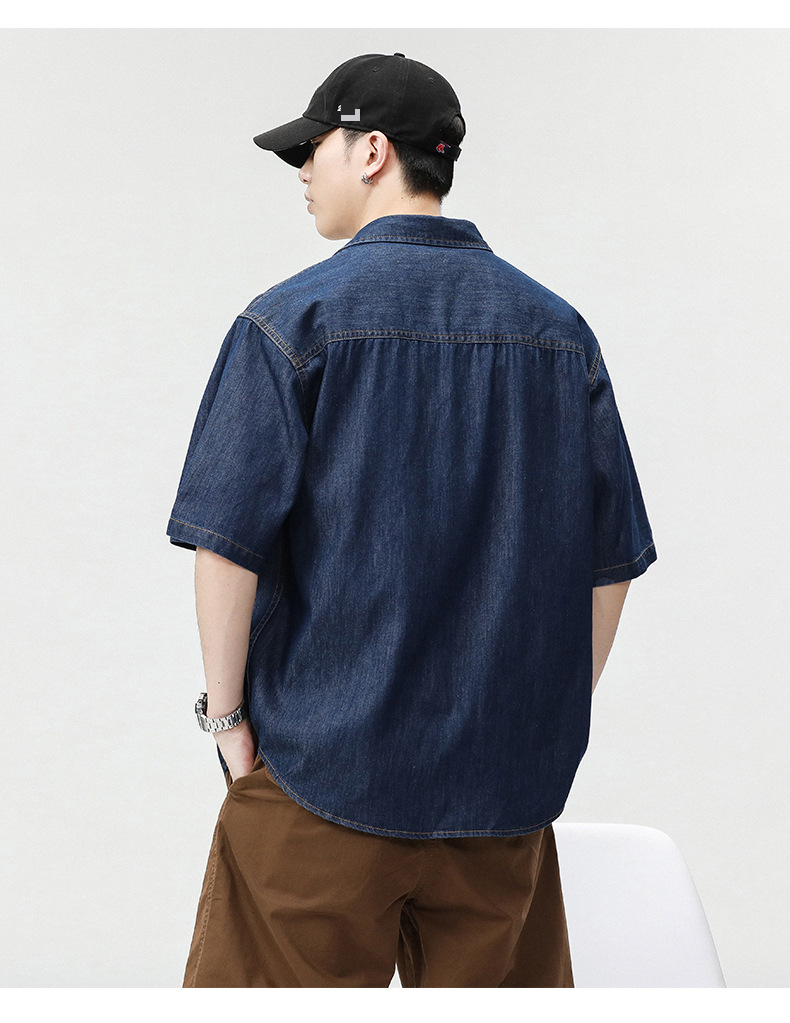 Camicia a maniche corte in denim lavato e largo alla moda da uomo, stile streetwear, camicia a maniche corte_voghion.com
