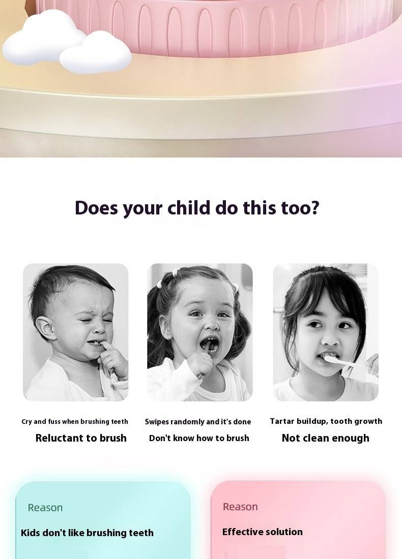 Cepillo de dientes eléctrico infantil en forma de U: 3 modos, limpieza de 360°, cerdas suaves de silicona, silencioso (36 dB), recargable, diseño de elefante (con pasta de dientes)_voghion.com