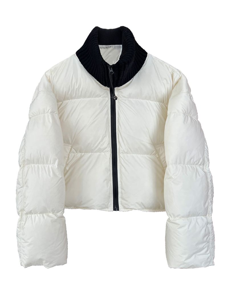Women's Korean Style Knit Paneled Short Puffer Jacket With High Neck, 90% White Duck Down Filling, Thickened Winter Coat_voghion.com